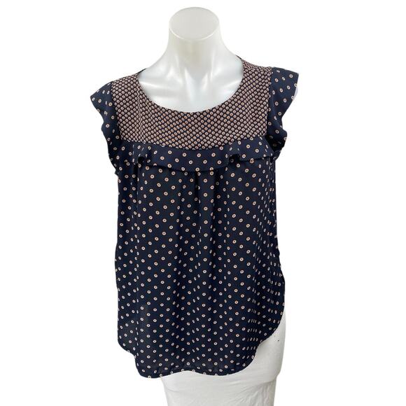 Ann Taylor LOFT Black Printed Ruffle Sleeveless Babydoll Tank Blouse Top Size M - Picture 1 of 4